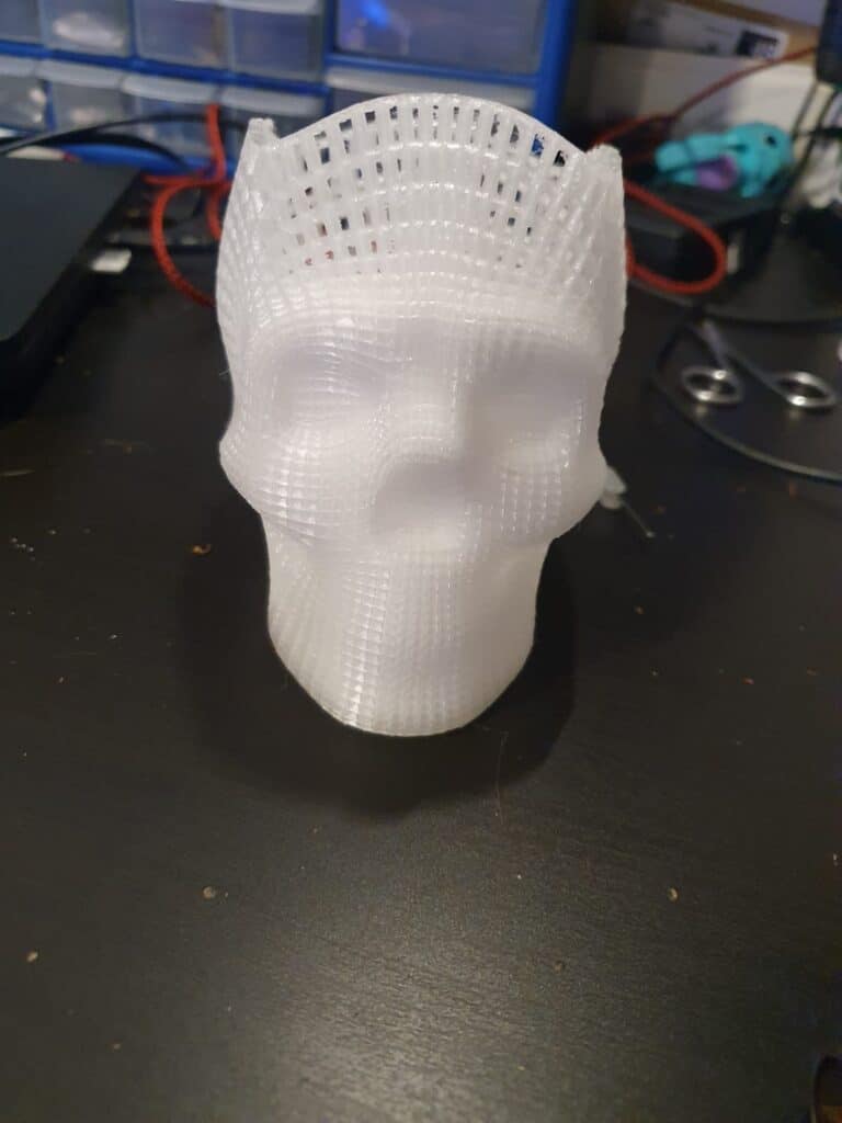 3D-printed white head model on cluttered desk.