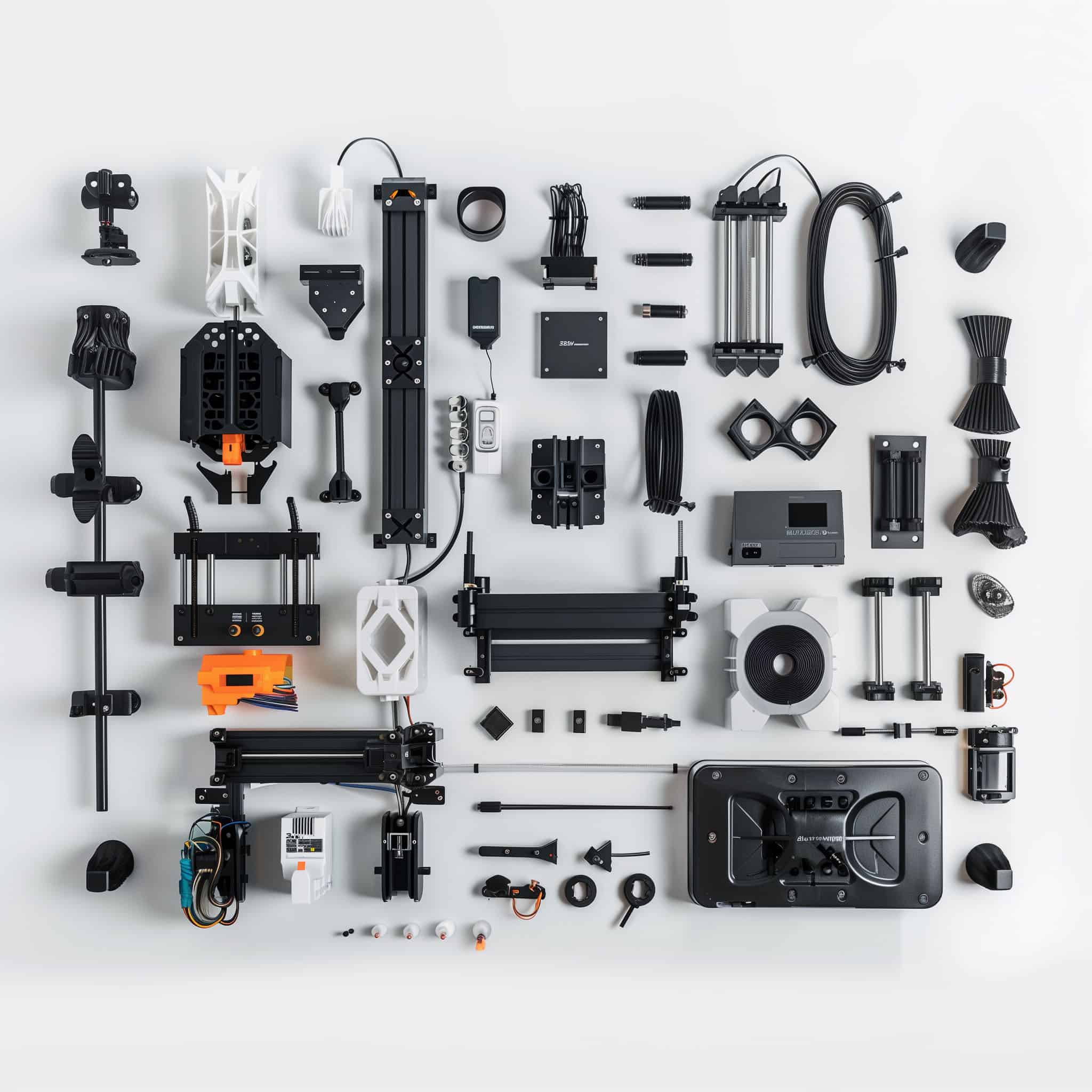 Array of meticulously arranged 3D Printing equipment components.