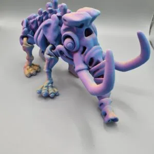 3D-printed multicolored triceratops model on white background