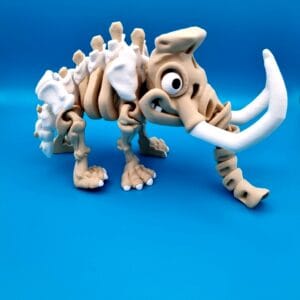 3D printed articulated woolly mammoth skeleton with large white tusks