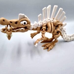 3D-printed articulated Spinosaurus skeleton with a long tail and tall back spines