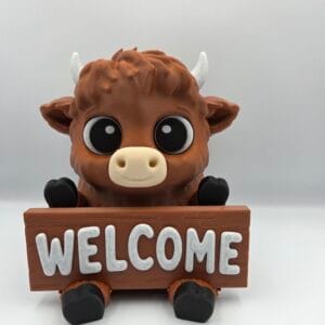 Brown Highland Cow Porch Buddy holding a Welcome sign