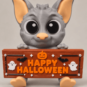 Cute grey bat holding Happy Halloween sign